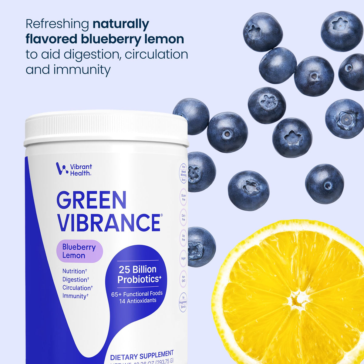 Vibrant Health Green Vibrance Poudre Superfoods 431g Goût Myrtille Citron mélange dans un verre