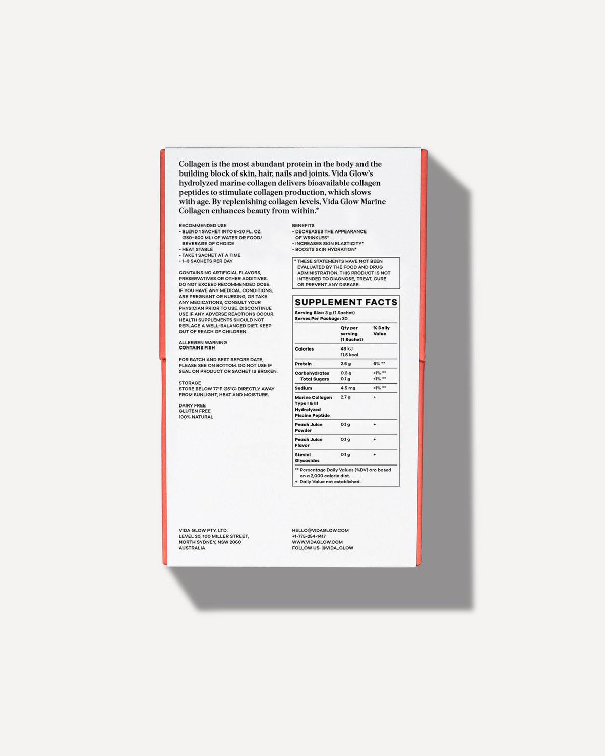Vida Glow Poudre de Collagène Marin 358g vue arrière avec informations nutritionnelles