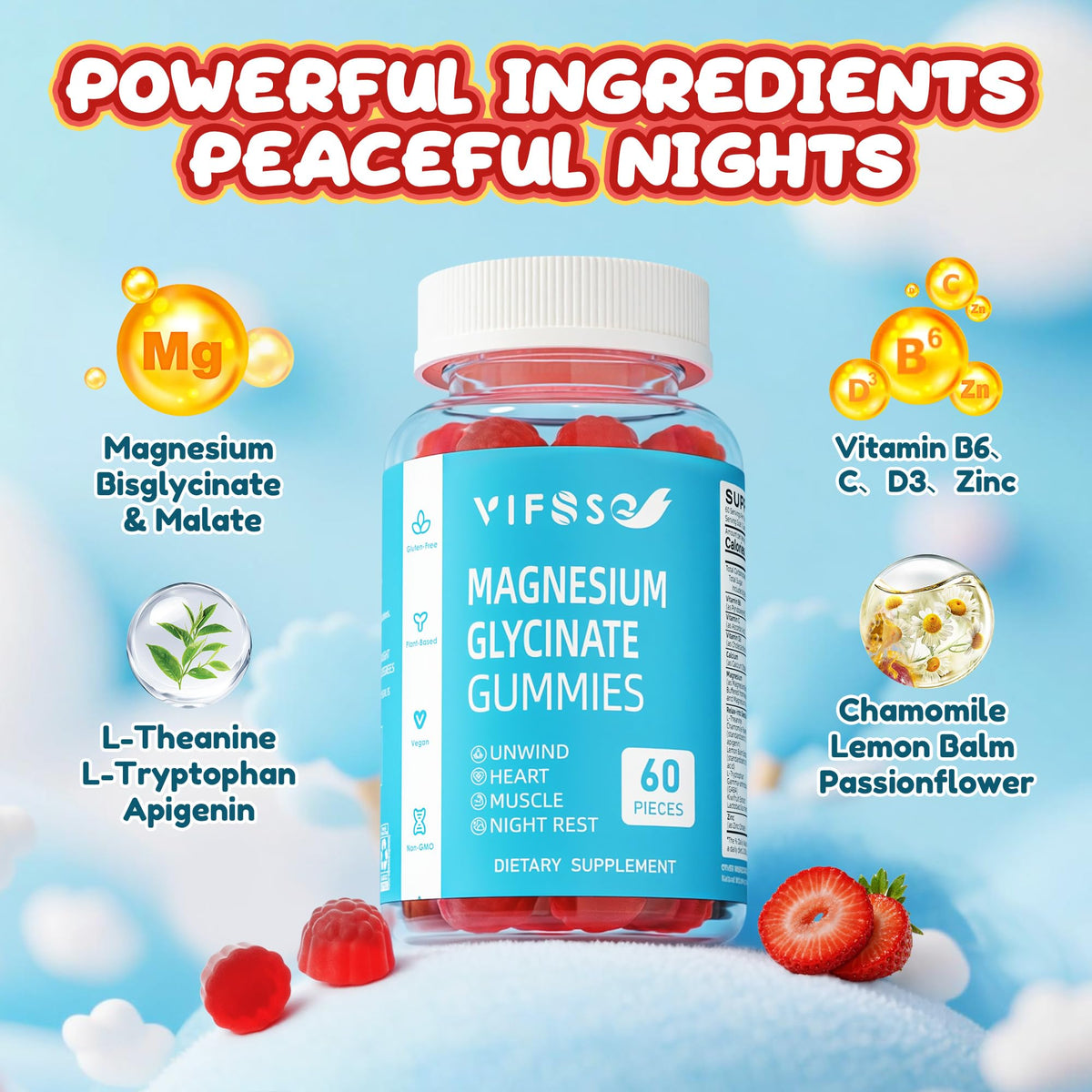 VIFSSG Bonbons au Magnésium Glycinate 400mg, ingrédients naturels