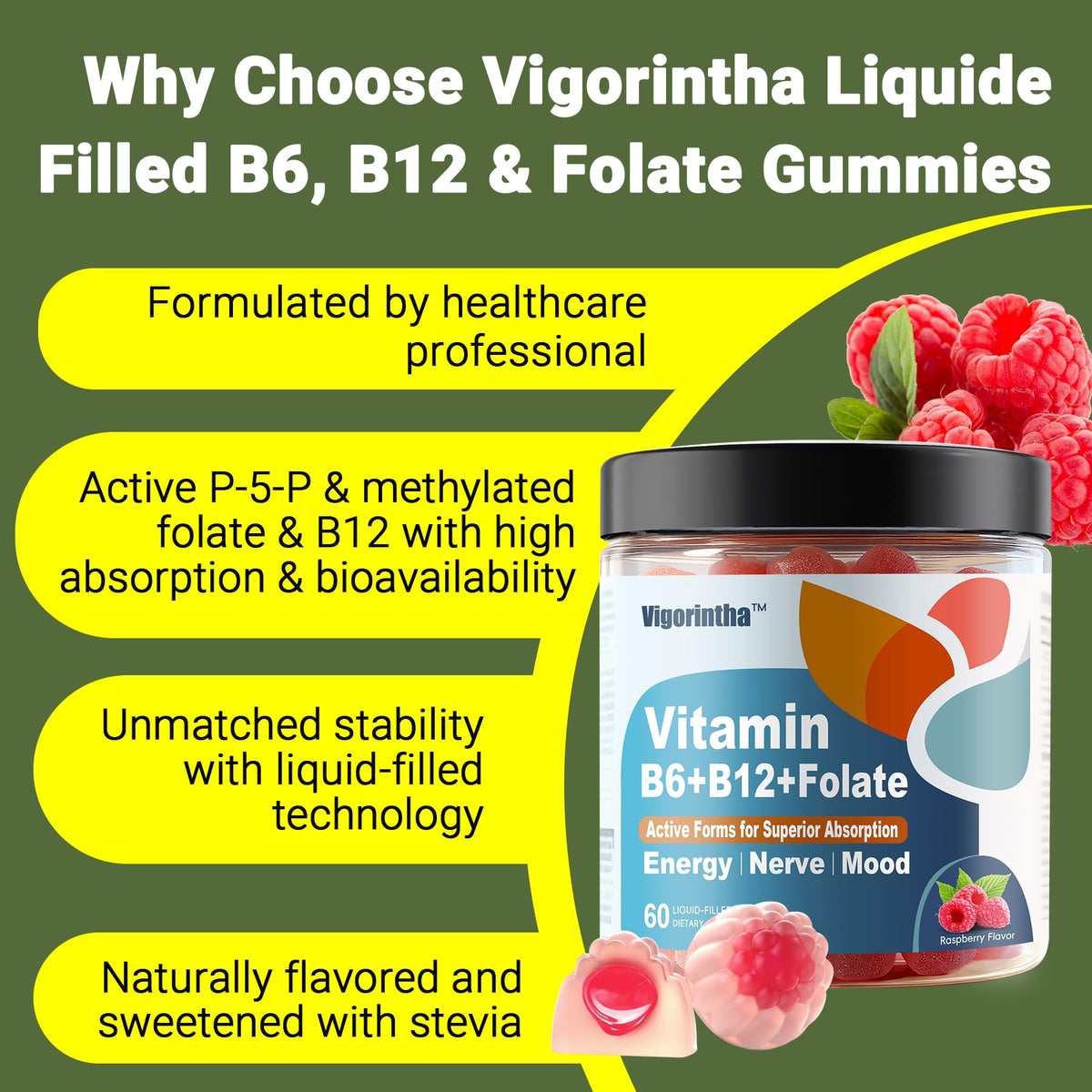 Vigorintha Gummies de Vitamine B6, B12 et Folate, ingrédients sur l'étiquette