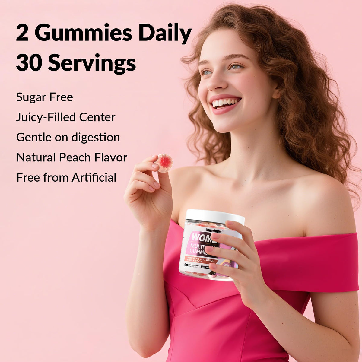 Vigorintha gummies multivitamines femmes avec des ingrédients naturels en arrière-plan