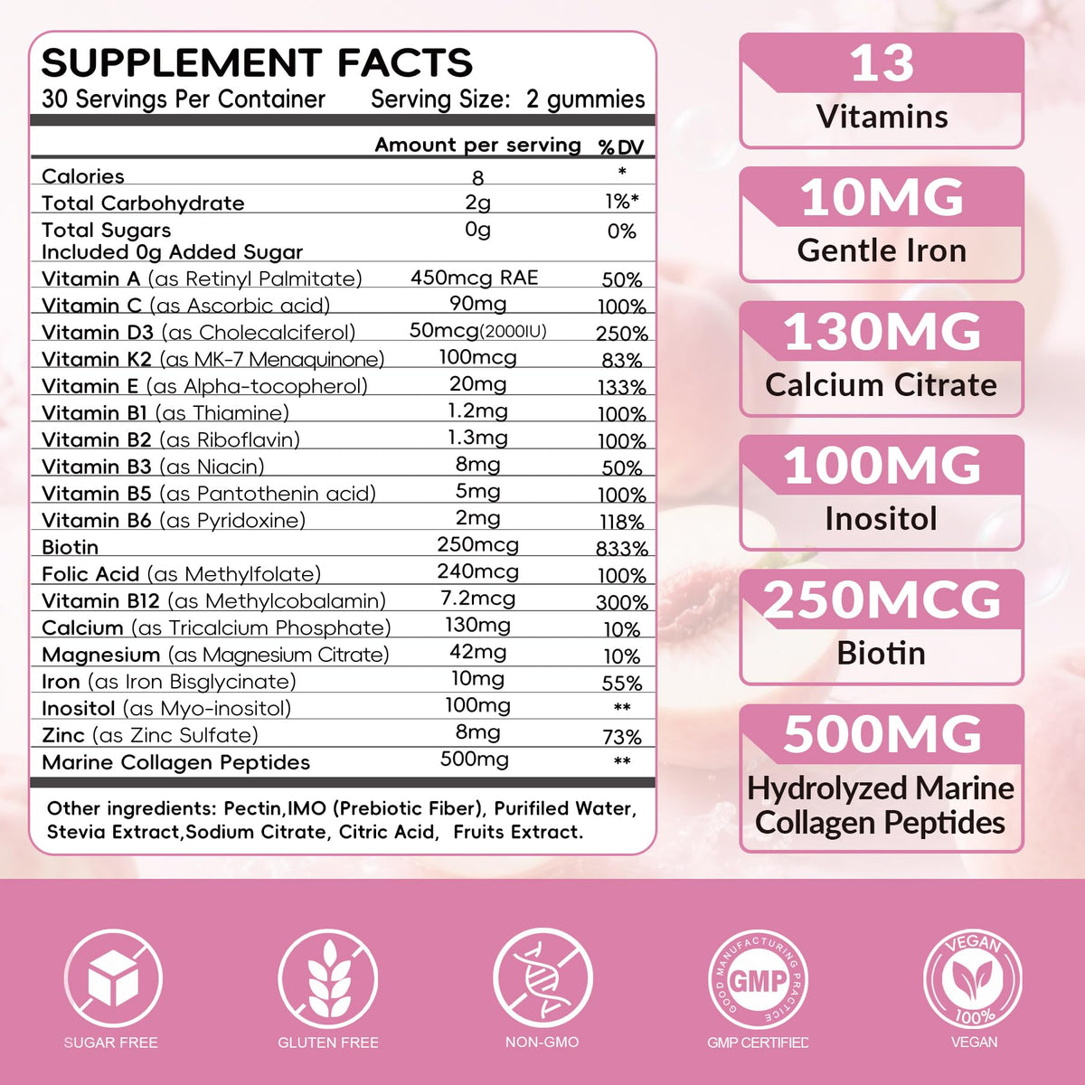 Vigorintha gummies multivitamines femmes emballage avec goût de pêche