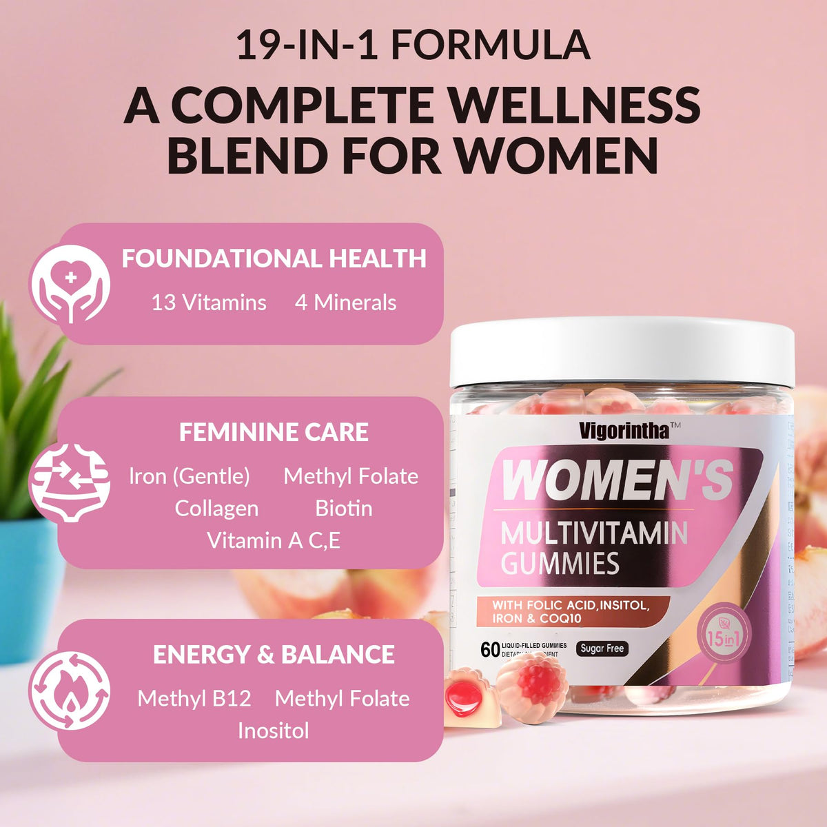 Vigorintha gummies multivitamines femmes en main pour une taille de portion