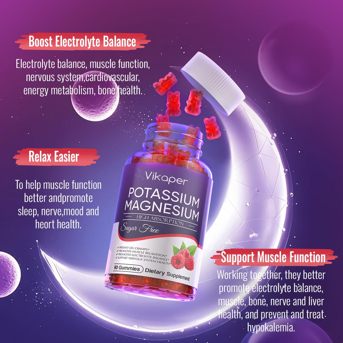 VIKAPER Gummies Potassium Magnésium 1200 mg gummies à la framboise
