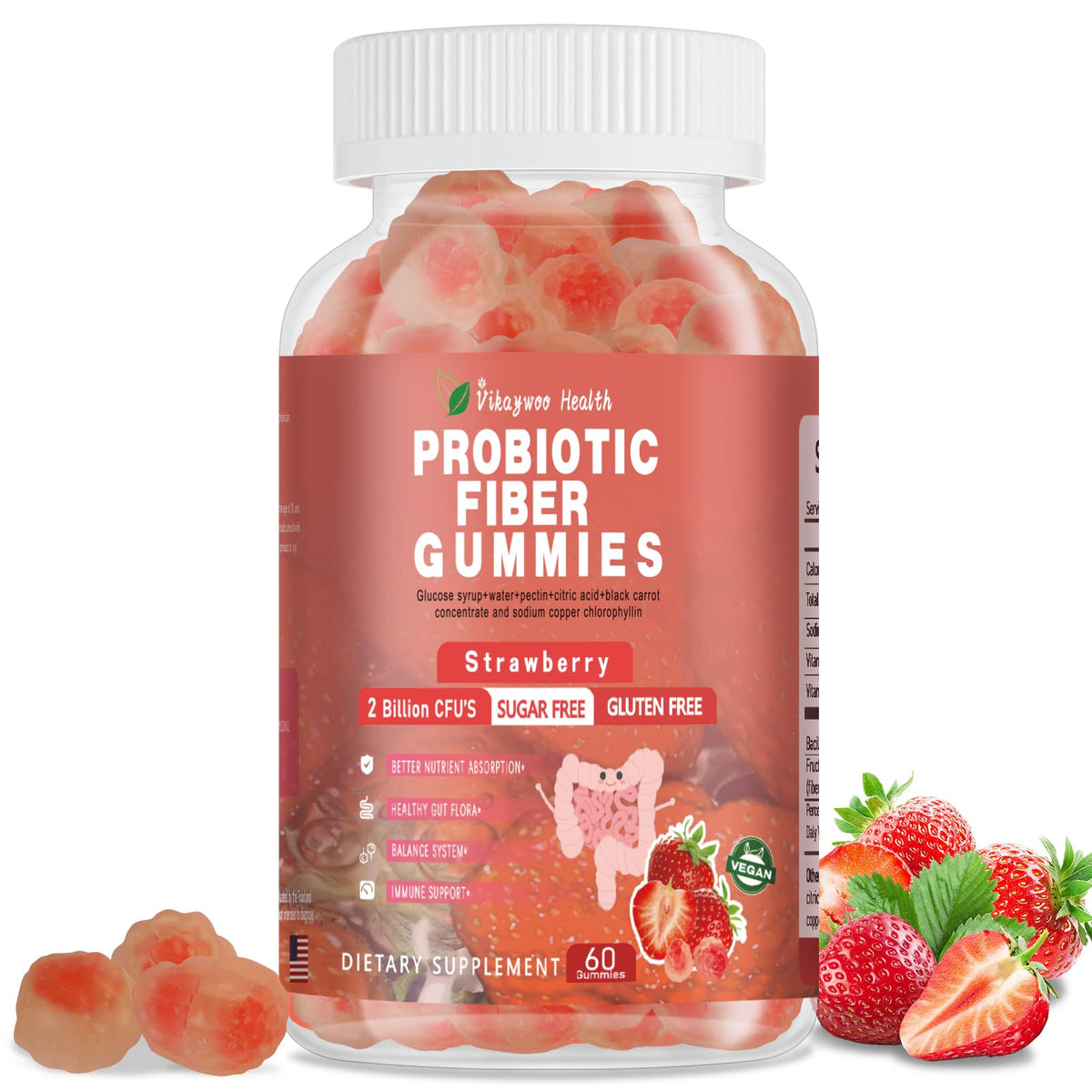Vikaywoo Gummies Probiotiques 60 Gummies Saveur Fraise vue de face