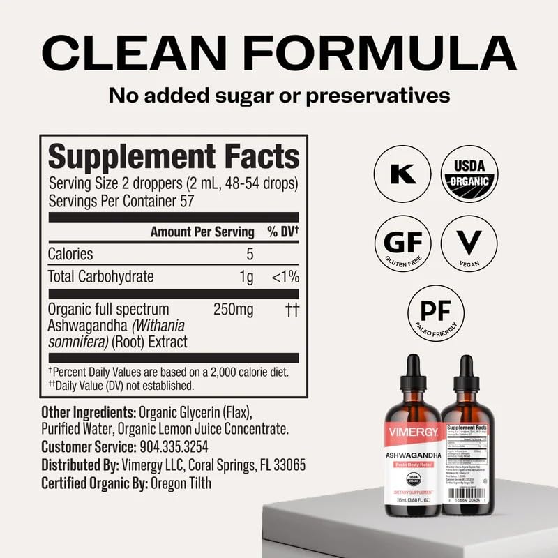 Vimergy Ashwagandha extrait liquide 250 mg 115 mL avec compte-gouttes