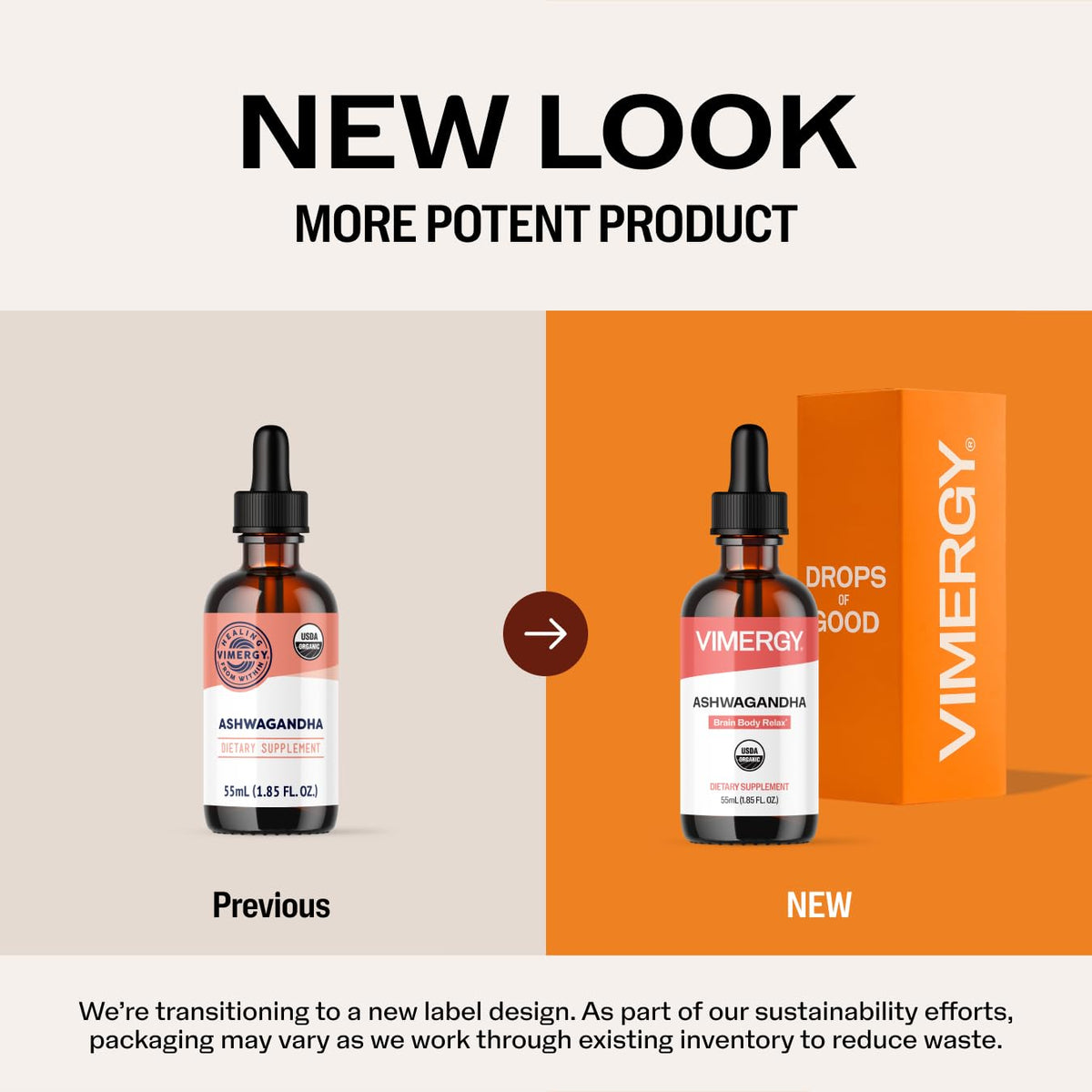 Vimergy Ashwagandha Liquide affichant les ingrédients