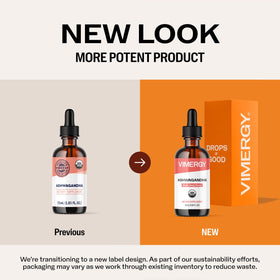 Vimergy Ashwagandha Liquide affichant les ingrédients