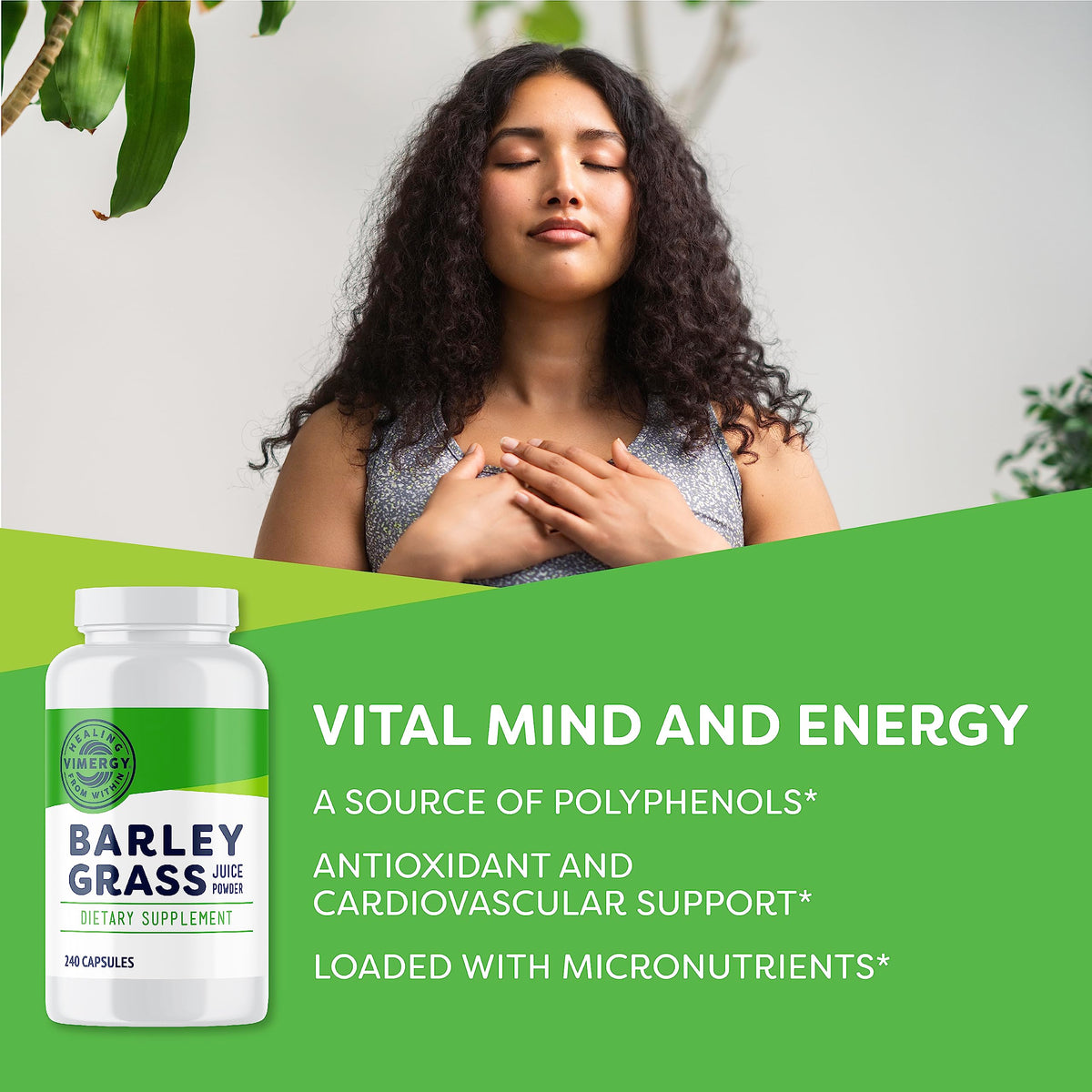 Vimergy Capsules de Jus d'Herbe d'Orge - vue de côté de la bouteille