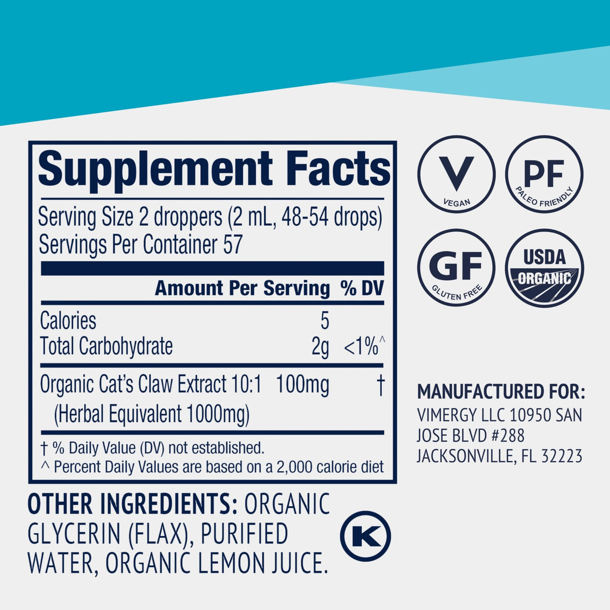 Vimergy Cat’s Claw Liquide Bio 115 mL en situation sur une table