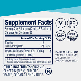 Vimergy Cat’s Claw Liquide Bio 115 mL en situation sur une table