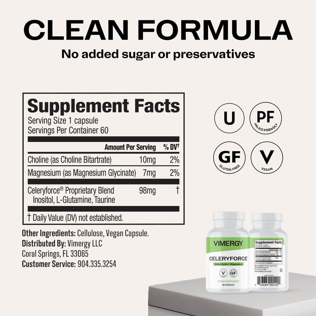 Vimergy Celeryforce 60 capsules vegan sur un fond neutre
