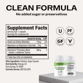 Vimergy Celeryforce 60 capsules vegan sur un fond neutre