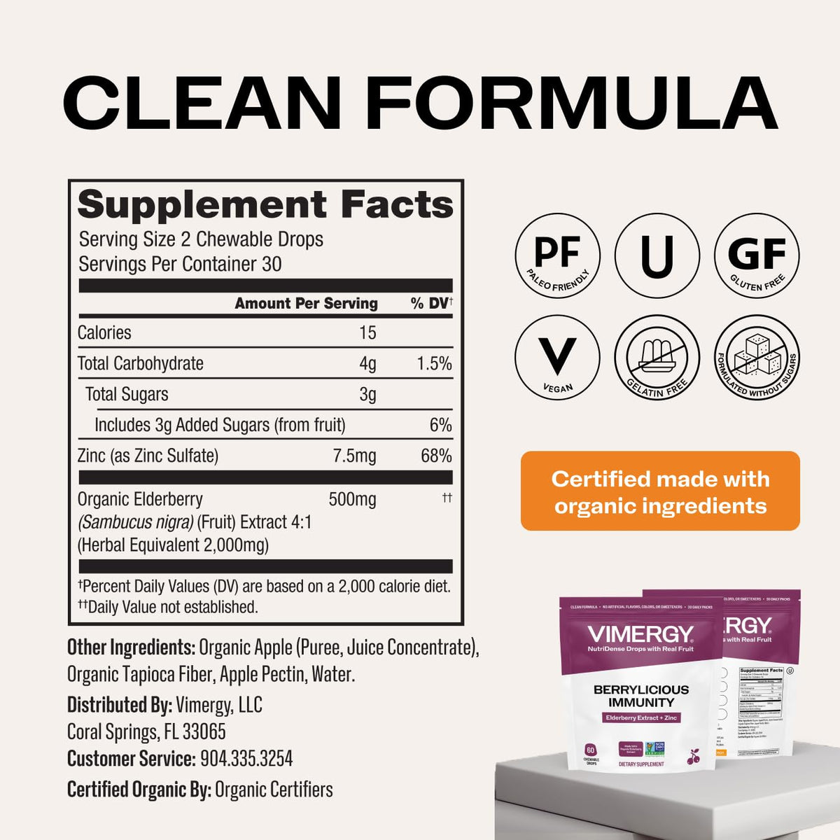 Vimergy Chewables Sureau & Zinc, sachet avec arrière-plan naturel