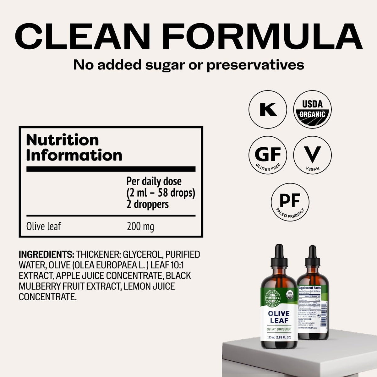Vimergy Extrait de Feuille d'Olivier 200mg 115 mL en milieu naturel