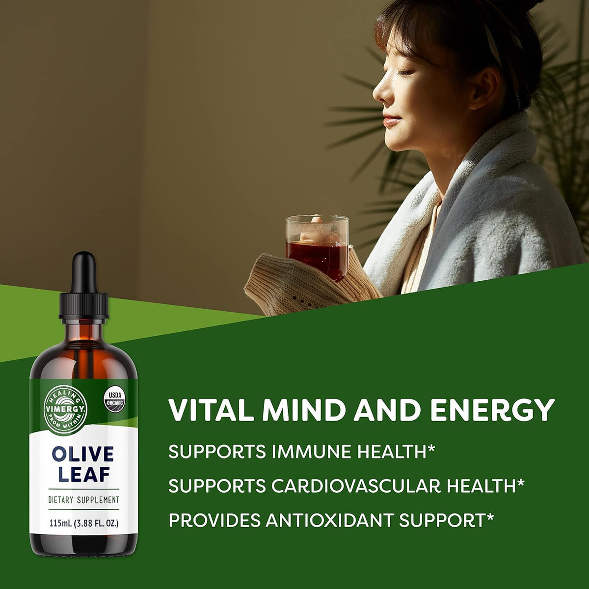 Vimergy Extrait de Feuille d'Olivier 200mg 115 mL étiquette et ingrédients