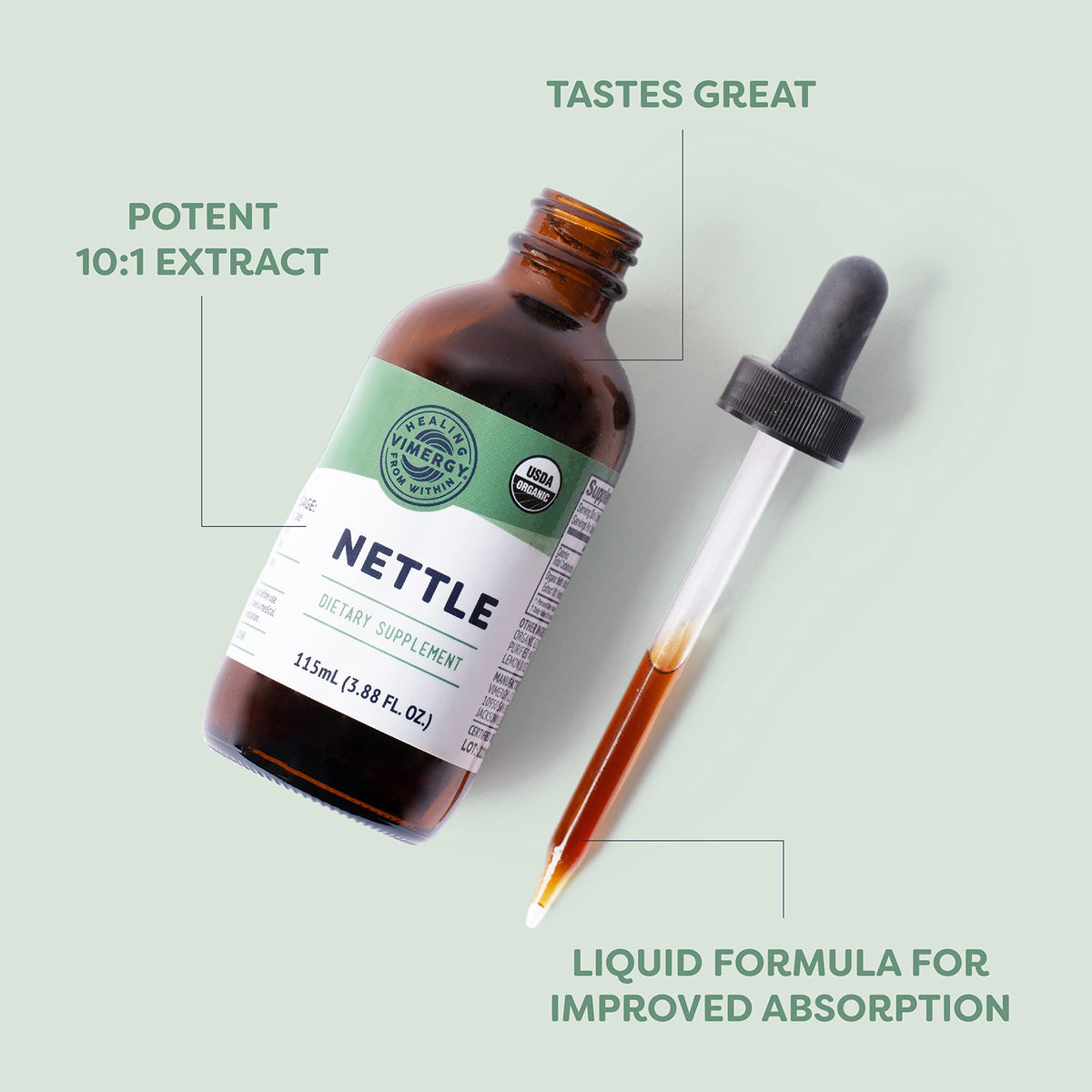 Vimergy Extrait de Nettle Liquide 200mg 115 mL avec verre d'eau