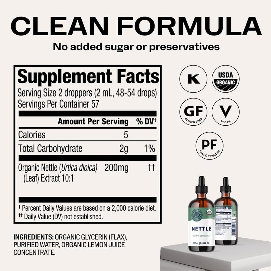 Vimergy Extrait de Nettle Liquide 200mg 115 mL sur une table