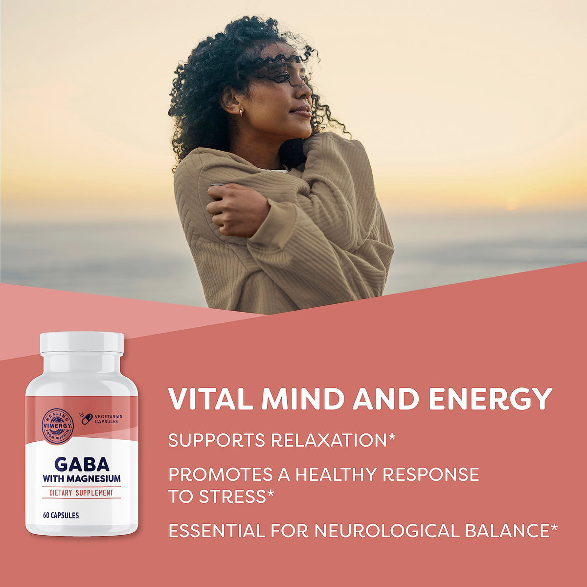 Vimergy GABA avec Magnésium capsules ouvertes sur une table