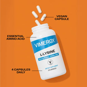 Vimergy L-Lysine 270 capsules sur un fond neutre