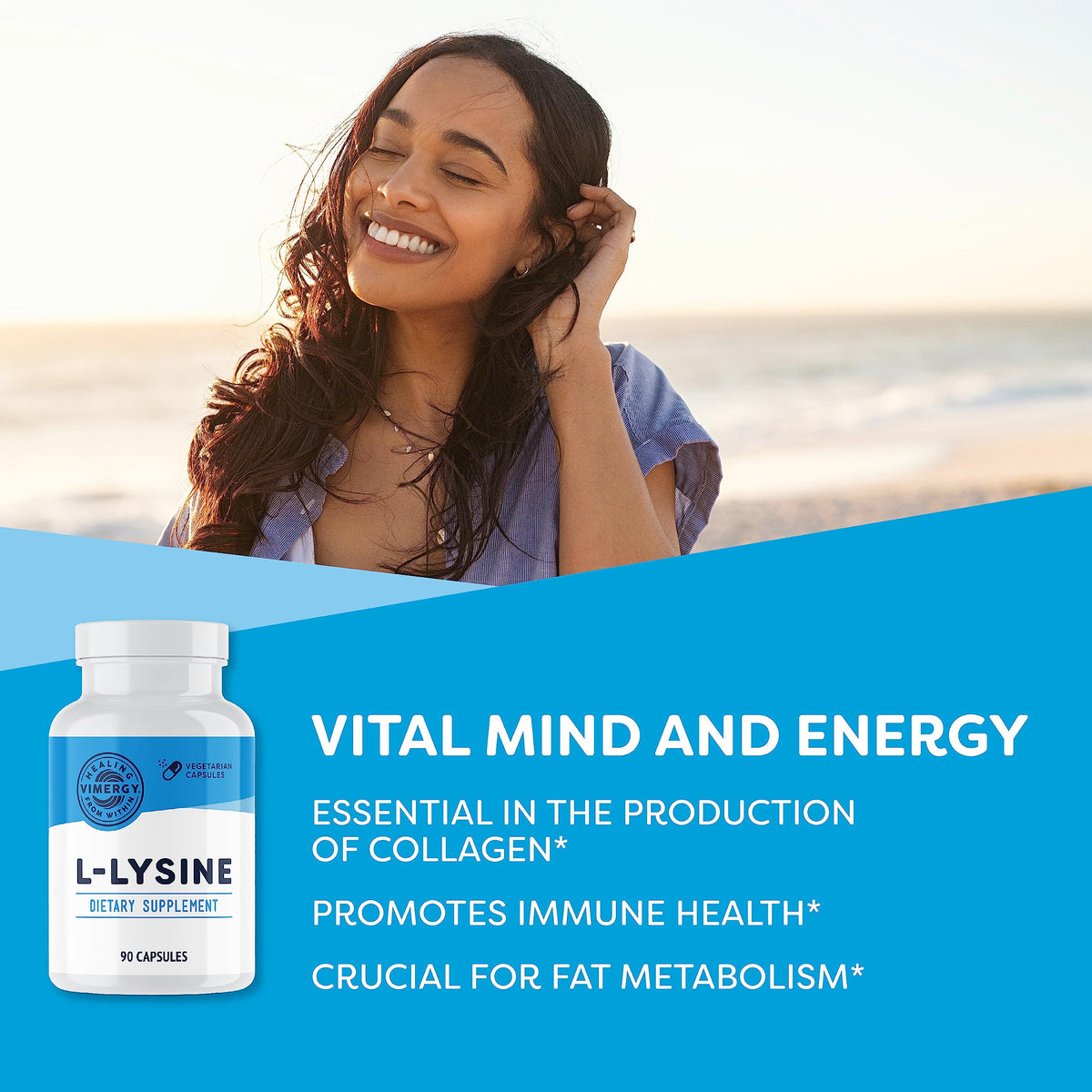 Vimergy L-Lysine capsules ouvertes montrant la poudre intérieure