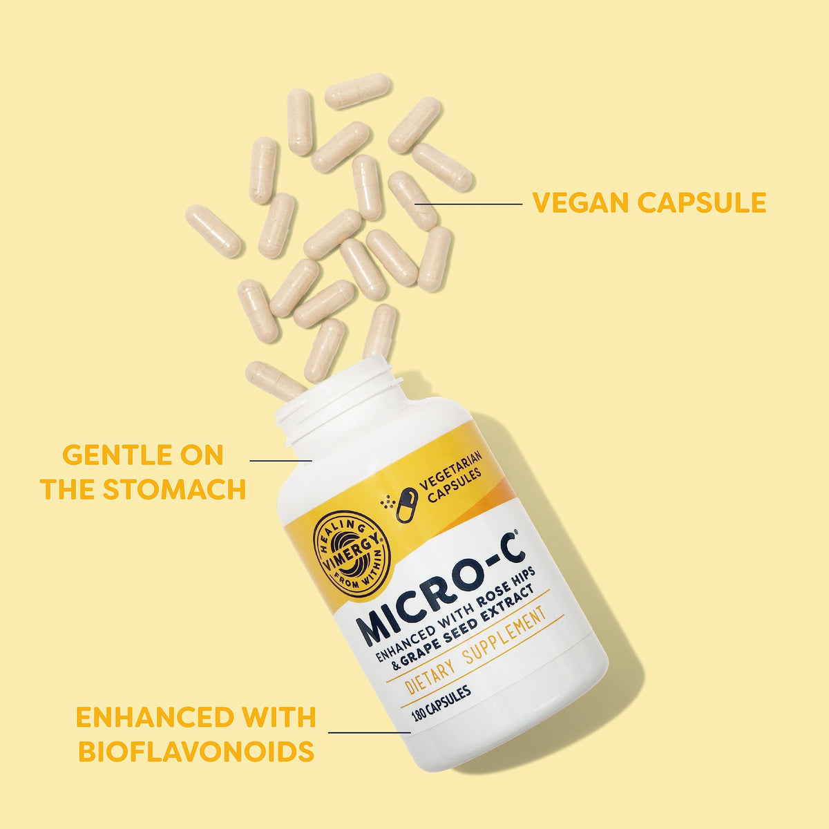 Vimergy Micro-C® Capsules de Vitamine C 500mg, vue latérale avec dosage
