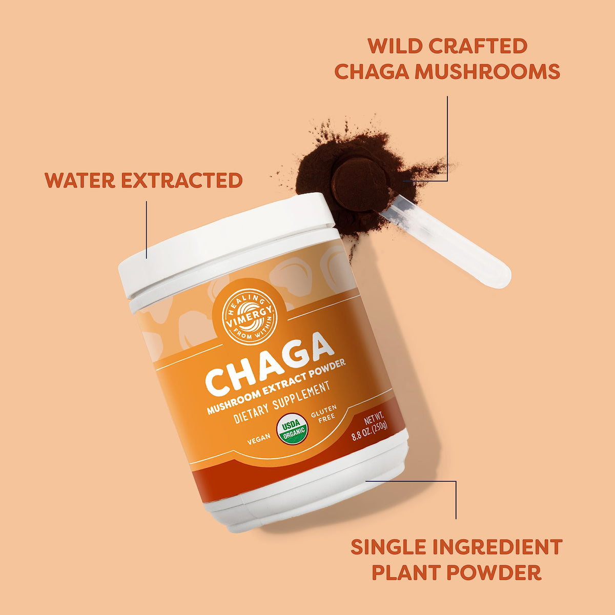 Vimergy Poudre d'Extrait de Champignon Chaga Bio 250g - contenu dans un verre