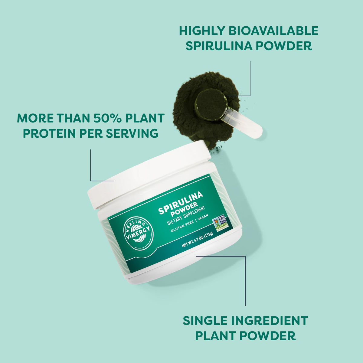 Vimergy Poudre de Spiruline 135g en cuillère avec smoothie