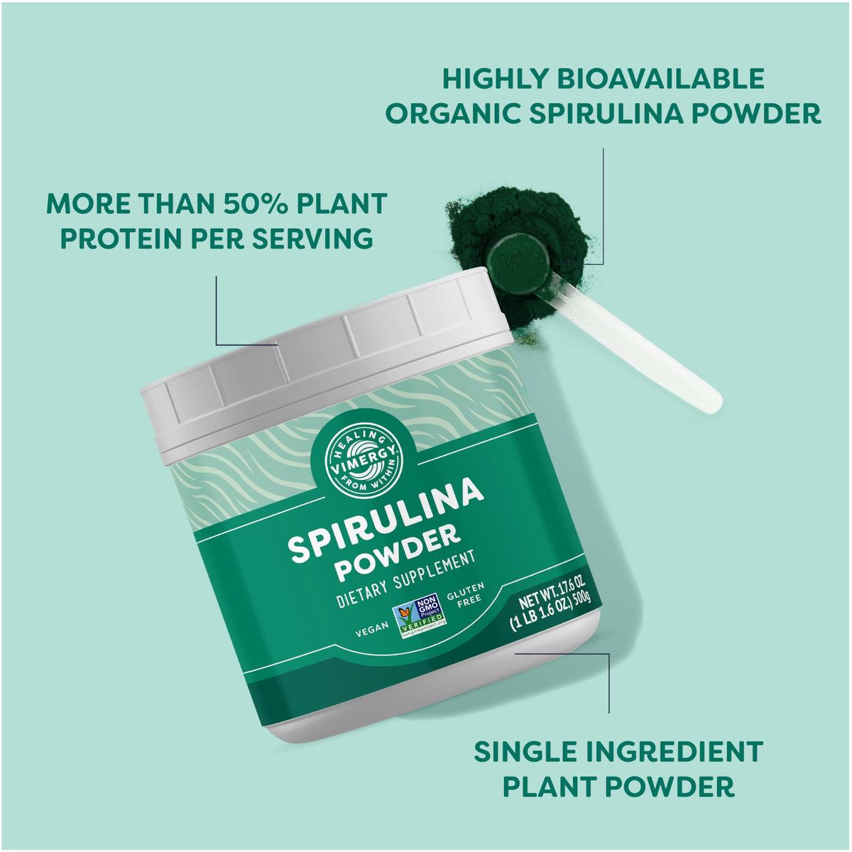 Vimergy Poudre de Spiruline 500g avec cuillère doseuse