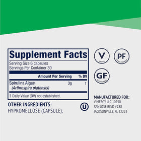 Vimergy Spiruline Capsules 180 unités, étiquette du flacon