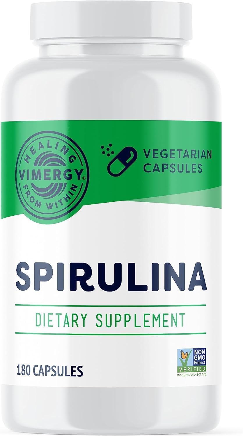 Vimergy Spiruline Capsules 180 unités, flacon ouvert