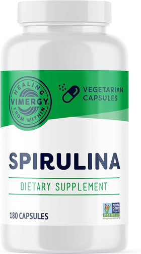 Vimergy Spiruline Capsules 180 unités, flacon ouvert