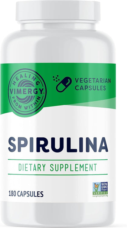 Vimergy Spiruline Capsules 180 unités, flacon ouvert