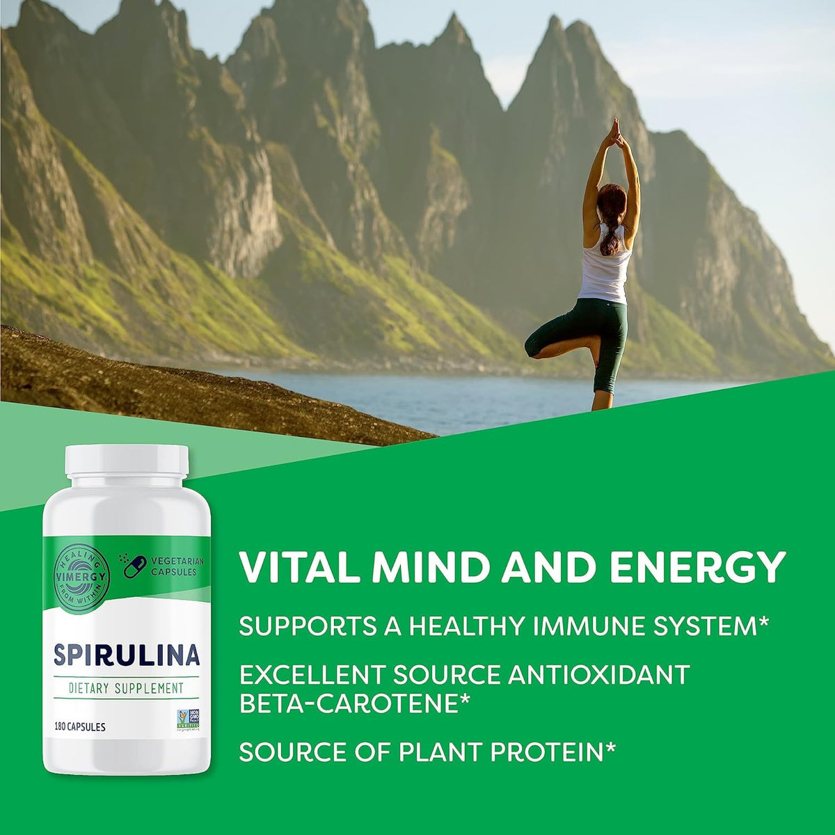 Vimergy Spiruline Capsules 180 unités, vue de côté