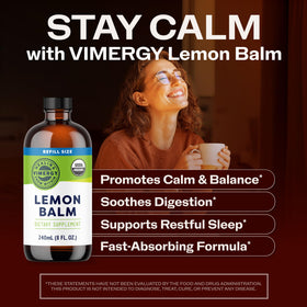 Vimergy Teinture de Mélisse Bio 240 Servings sur une table en bois