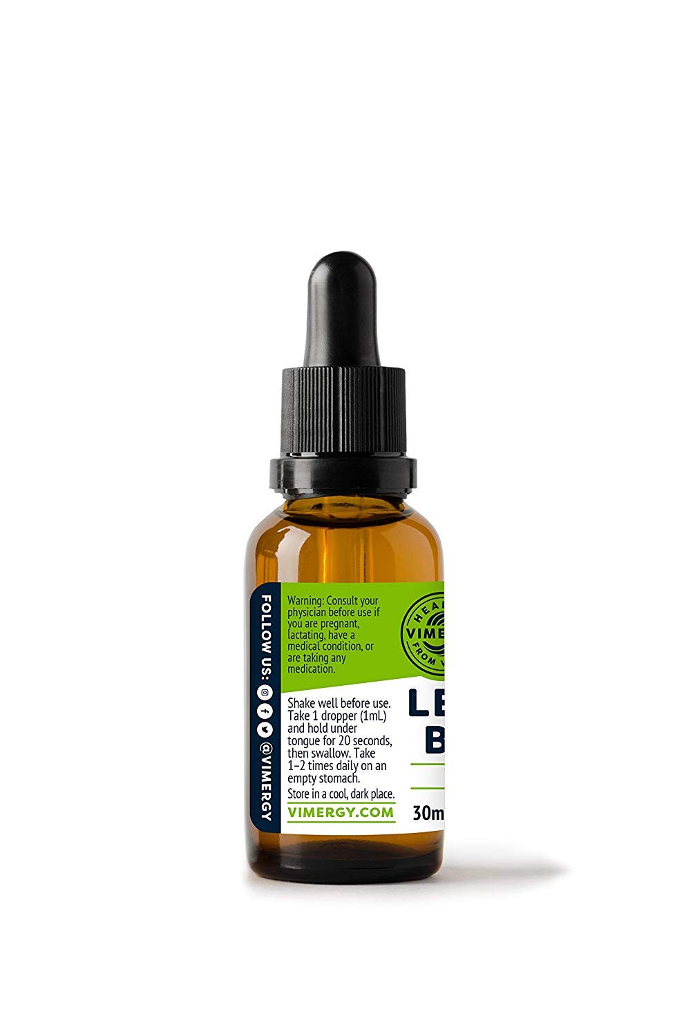 Vimergy Tincture de Mélisse Bio échantillon sur une table en bois