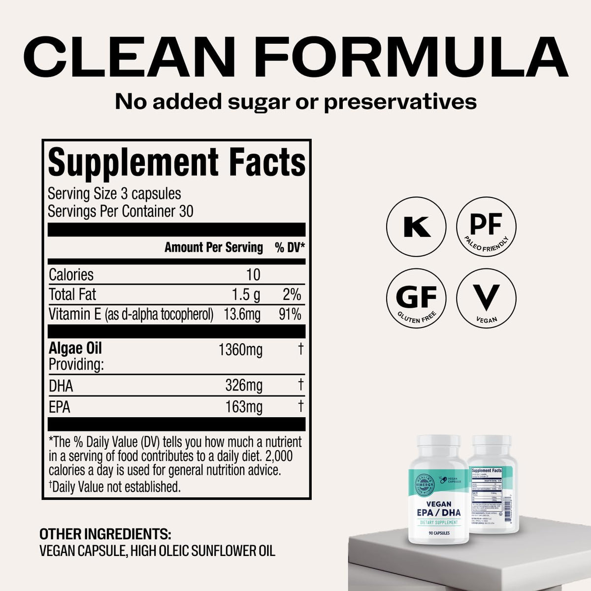 Vimergy Vegan EPA/DHA gélules ouvertes montrant leur taille