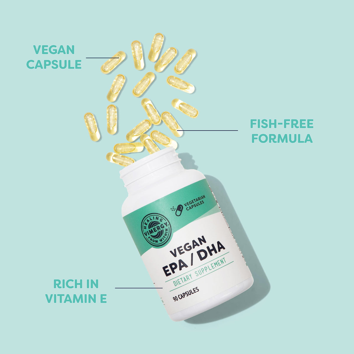 Vimergy Vegan EPA/DHA gélules sur fond blanc