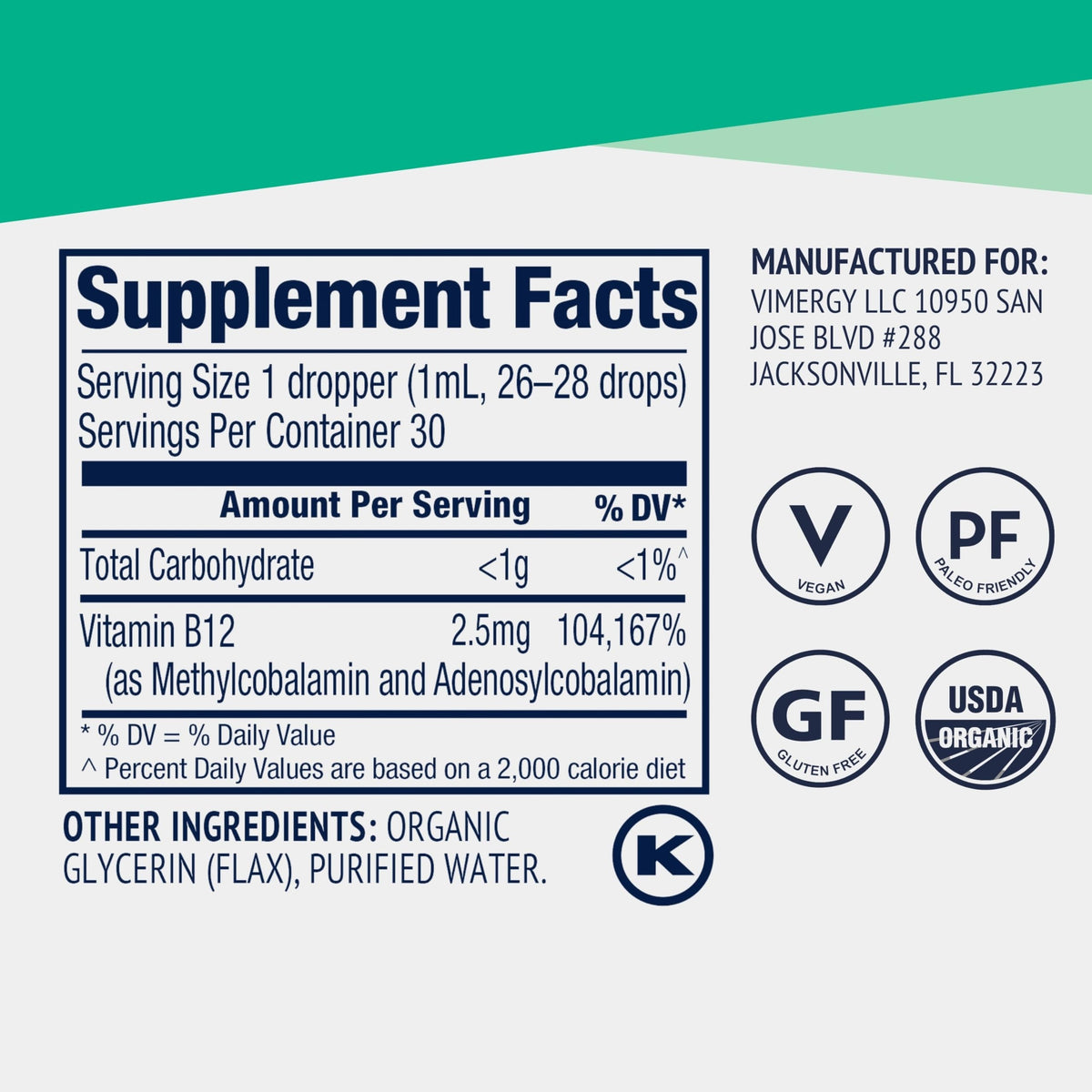 Vimergy Vitamine B12 Liquide 2500 mcg en gros plan sur le bouchon