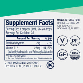 Vimergy Vitamine B12 Liquide 2500 mcg en gros plan sur le bouchon