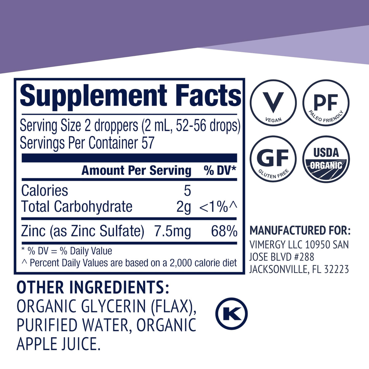 Vimergy Zinc Liquide 7,5 mg 115 mL sur fond blanc