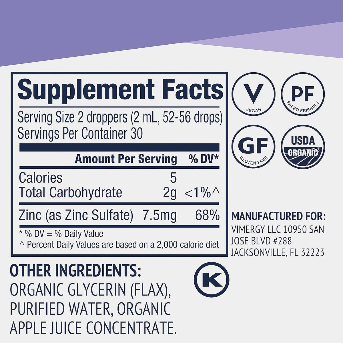 Vimergy Zinc Liquide Bio 55 mL flacon ouvert avec compte-gouttes