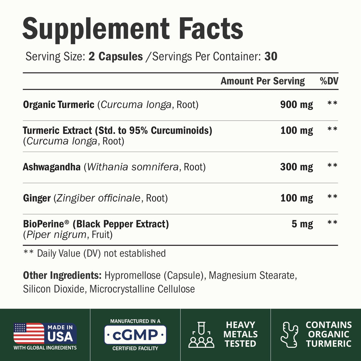 Vimerson Health Capsules Ashwagandha 168g vue arrière avec ingrédients