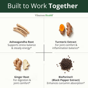 Vimerson Health Capsules Ashwagandha sur une table avec des ingrédients naturels
