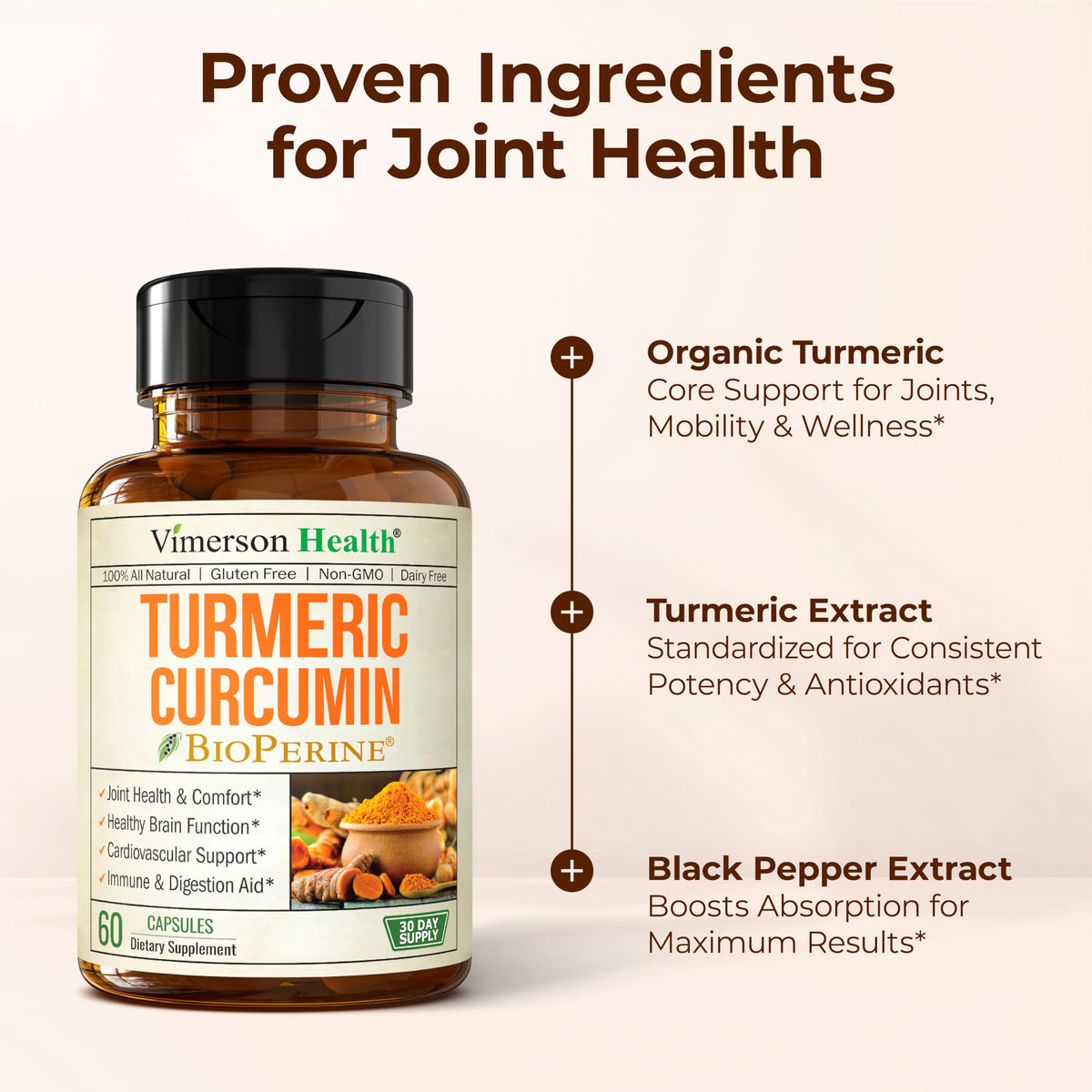 Vimerson Health Complément Alimentaire Curcuma 60 Capsules sur une table