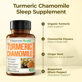 Vimerson Health Complément Alimentaire Curcuma et Camomille 60 Capsules à côté d'une tasse de thé