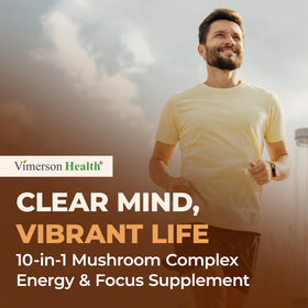 Vimerson Health complément champignons avec une main tenant la bouteille