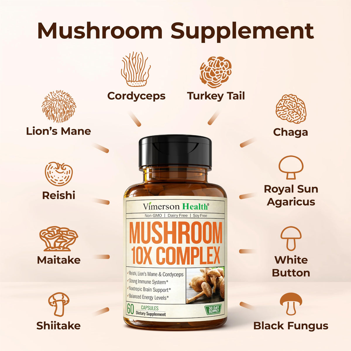 Vimerson Health complément champignons ouvert avec capsules visibles