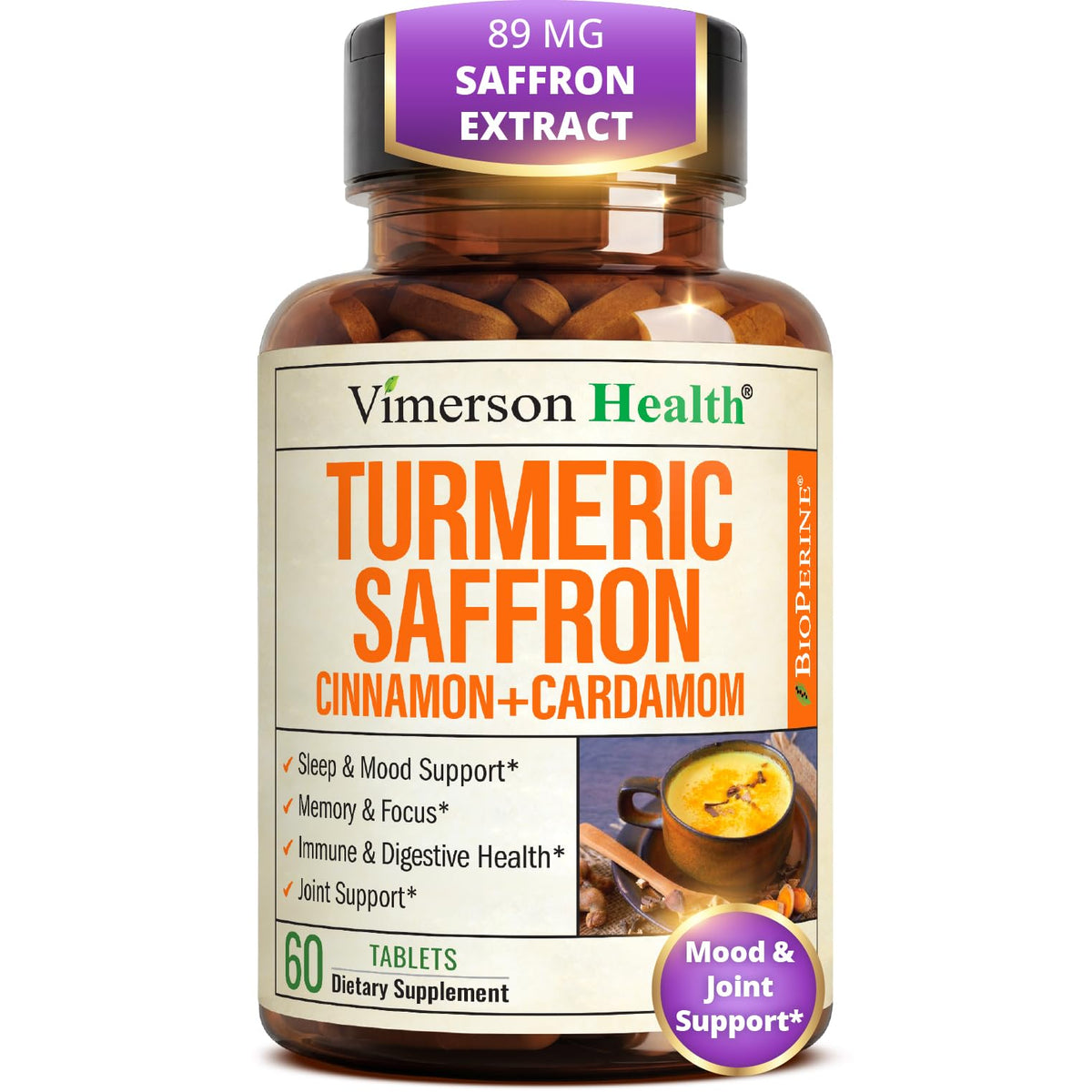 Vimerson Health Compléments Alimentaires Curcuma Safran 60 Comprimés vue de face