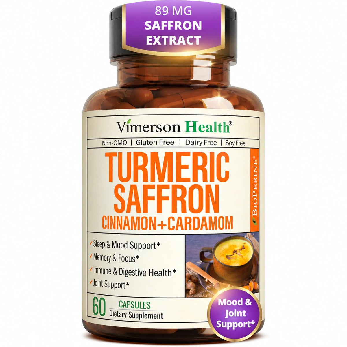 Vimerson Health Compléments Alimentaires Safran et Curcuma 60 capsules vue de face